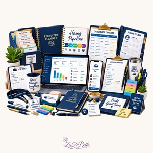 May include: A collection of navy blue and white office supplies for recruiters, including a laptop displaying a dashboard, a smartphone, a Recruiter Planner, clipboards with candidate trackers, interview notes, a mug, pens, and sticky notes.
