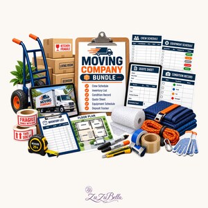 May include: A moving company bundle featuring a clipboard with the text Moving Company Bundle, various printed forms including a crew schedule, quote sheet, inventory list, and floor plan, a blue hand truck, cardboard boxes, tape, and packing supplies.