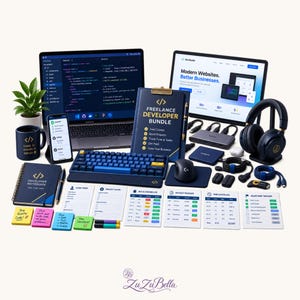 May include: A freelance developer bundle featuring a laptop displaying code, a tablet with a website, a clipboard labeled Freelance Developer Bundle, a mechanical keyboard, a mouse, headphones, a notebook, and various project tracking sheets.