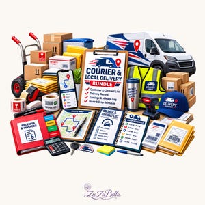 May include: A courier and local delivery bundle featuring a clipboard, notebooks, a calculator, a smartphone with a route map, a delivery van, a high-visibility vest, a baseball cap, shipping boxes, and various logistics supplies and labels.