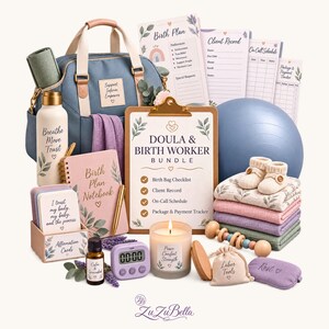 May include: A doula and birth worker bundle featuring a blue bag, a clipboard with checklists, a birth plan notebook, affirmation cards, a water bottle, a candle, a digital timer, a rattle, baby booties, folded cloths, and a small pouch.