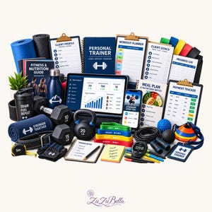 Personal Trainer Planner Bundle, Client Profile Goals, Session Program Sheet, Progress Log, Package Payment Tracker, Class Schedule
