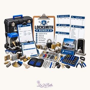 May include: A locksmith bundle featuring a black tool case, a key cutting machine, a clipboard labelled LOCKSMITH BUNDLE, various printed log sheets, padlocks, door hardware, a clear organiser with assorted keys, and a set of blue-handled tools.