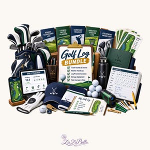 Könnte beinhalten: Ein umfassendes Golf-Logbuch-Set mit einer Golftasche samt Schlägern, einem Klemmbrett mit der Aufschrift Golf Log Bundle, einem Tablet und Smartphone mit Tracking-Apps, einer marineblauen Kappe, einem Golfhandschuh, einem Handtuch und Zubehör.