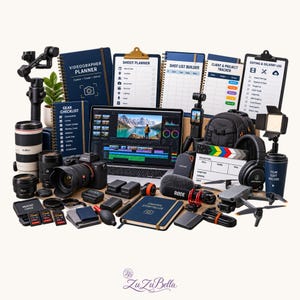 Op de afbeelding: Een uitgebreide collectie videoapparatuur, waaronder een laptop met montagesoftware, meerdere camera's, lenzen, een gimbal, een drone, microfoons, geheugenkaarten, een filmklapbord en diverse planners met de titels Videographer Planner, Shoot Planner, Shot List Builder, Client & Project Tracker, Editing & Delivery Log, Gear Checklist en Creative Storyteller.