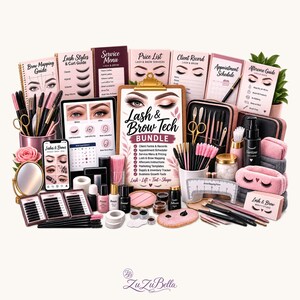 May include: A comprehensive lash and brow technician bundle featuring a clipboard with the text Lash & Brow Tech Bundle, various printed guides, client record forms, appointment schedules, lash trays, tweezers, brushes, adhesive, and a brow mapping ruler.