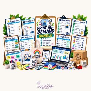 May include: A print-on-demand business bundle featuring various clipboards with checklists for product ideas, design planning, mockups, listings, orders, suppliers, profits, and shipping. Includes a laptop, tote bag, t-shirt, mug, and shipping supplies.