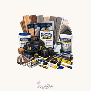 Peut inclure: Un kit complet d'installation de sol comprenant divers échantillons de bois, vinyle et carrelage, un seau de colle, un mètre ruban de 7,6 m, des genouillères, un sac à outils, un plan de projet, un ragréage et divers outils à main.