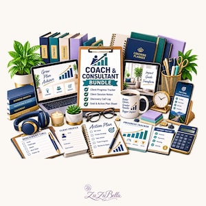 May include: A comprehensive coach and consultant bundle featuring a clipboard with the text Coach & Consultant Bundle, a laptop, a mug with text, notebooks, a calculator, pens, headphones, a clock, and various printed planning sheets and trackers.
