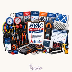 May include: An HVAC technician bundle featuring a clipboard with the text HVAC TECHNICIAN BUNDLE, various logbooks, a manifold gauge set, a digital multimeter, a thermostat, a flashlight, tools, safety glasses, gloves, and an invoice tracker tablet.