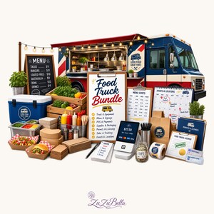 May include: A food truck business bundle featuring a blue, red, and white truck, a menu board, a clipboard labelled Food Truck Bundle, a POS terminal, a calendar, a food truck licence, condiment bottles, food containers, and various supplies.
