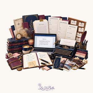 Peut inclure: Une collection de fournitures d'écriture comprenant un ordinateur portable affichant du texte, une machine à écrire bleue, divers carnets, planificateurs et marque-pages. L'ensemble inclut des livres étiquetés Plot, Characters, Setting, Dialogue et Revision.