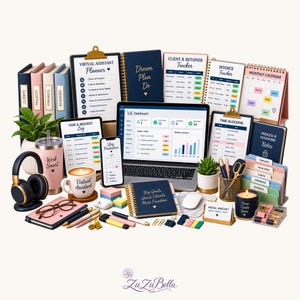 May include: A collection of office supplies including a laptop displaying a dashboard, a virtual assistant planner, client and invoice trackers, a monthly calendar, task logs, notebooks, a tumbler, headphones, pens, a candle, and desk organisers.