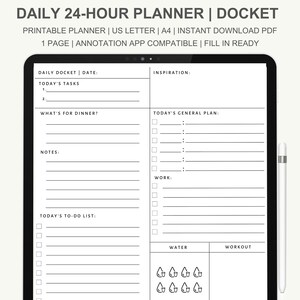 May include: A digital daily planner displayed on a tablet. The planner features sections for tasks, notes, and a to-do list. The top of the planner reads "DAILY 24-HOUR PLANNER | DOCKET". The planner is designed for digital use and is compatible with annotation apps.