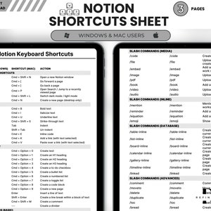 May include: A black and white Notion Shortcuts Sheet for Windows and Mac users. The sheet lists keyboard shortcuts for common actions, such as creating new pages, formatting text, and using slash commands. The sheet also includes a list of slash commands for media, inline, database, and advanced features.