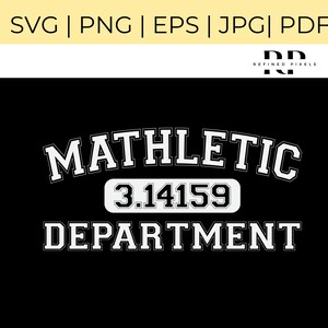 May include: A black and white graphic design with the text "MATHLETIC" in a varsity-style font, with the number "3.14159" in a box below, and the text "DEPARTMENT" below the number.