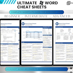 Puede incluir: Un conjunto de tres hojas de trucos para Microsoft Word, que cubren habilidades básicas, intermedias y avanzadas. Las hojas de trucos están diseñadas para usuarios de Windows e incluyen atajos y consejos para navegar por el programa, crear tablas y utilizar funciones avanzadas.