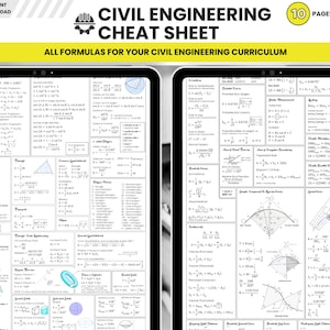 May include: A black and white cheat sheet with formulas for civil engineering. The cheat sheet is divided into two pages, each with a different set of formulas. The title of the cheat sheet is "Civil Engineering Cheat Sheet" and the subtitle is "All Formulas for Your Civil Engineering Curriculum".