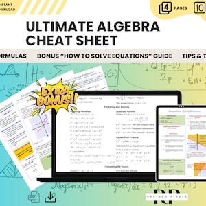 Modèle d'aide-mémoire d'algèbre pour apprendre les mathématiques Aide-mémoire pour l'examen de mathématiques du secondaire pour l'apprentissage des mathématiques Feuilles d'exercices d'algèbre à imprimer