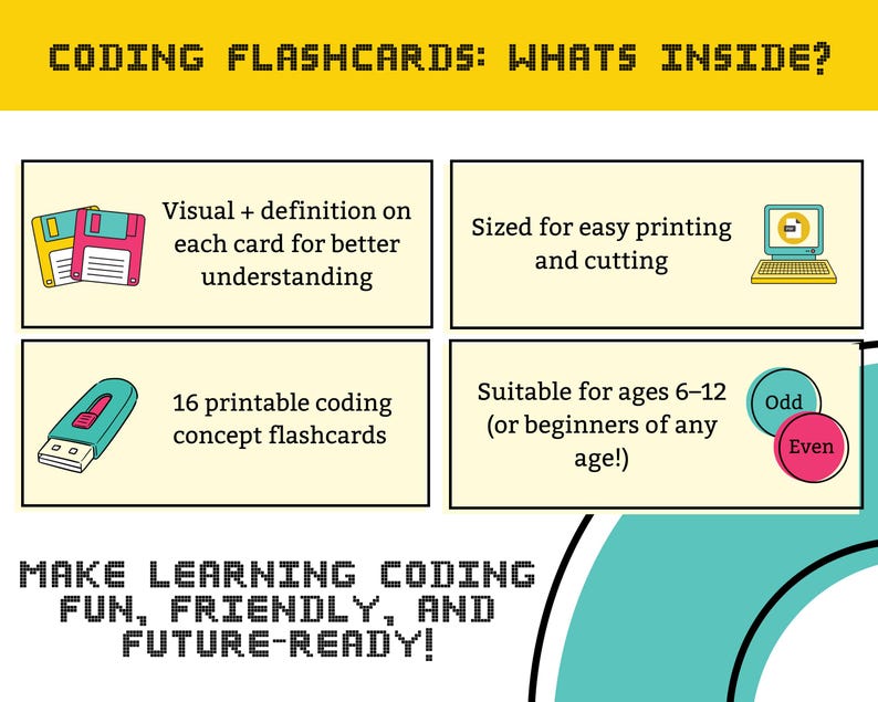 Pode incluir: Um conjunto de 16 flashcards de codifica&ccedil;&atilde;o imprim&iacute;veis projetados para crian&ccedil;as de 6 a 12 anos ou iniciantes de qualquer idade. Os flashcards apresentam recursos visuais e defini&ccedil;&otilde;es para melhor compreens&atilde;o. Eles s&atilde;o dimensionados para impress&atilde;o e corte f&aacute;ceis. O texto na imagem diz "Coding Flashcards: What's Inside?" e "Make Learning Coding Fun, Friendly, and Future-Ready!"