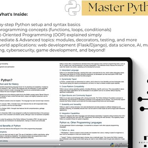 Puede incluir: Una captura de pantalla de una computadora que muestra un documento con el t&iacute;tulo "Master Python" y una lista de temas cubiertos en un curso de programaci&oacute;n Python. El documento incluye un icono de serpiente verde y el texto "What's Inside:" seguido de una lista de vi&ntilde;etas que describen el contenido del curso. El documento tambi&eacute;n incluye una secci&oacute;n titulada "1.1 What is Python?" con una descripci&oacute;n de la historia y las caracter&iacute;sticas clave del lenguaje de programaci&oacute;n Python.