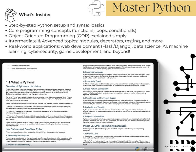 Puede incluir: Una captura de pantalla de una computadora que muestra un documento con el t&iacute;tulo "Master Python" y una lista de temas cubiertos en un curso de programaci&oacute;n Python. El documento incluye un icono de serpiente verde y el texto "What's Inside:" seguido de una lista de vi&ntilde;etas que describen el contenido del curso. El documento tambi&eacute;n incluye una secci&oacute;n titulada "1.1 What is Python?" con una descripci&oacute;n de la historia y las caracter&iacute;sticas clave del lenguaje de programaci&oacute;n Python.