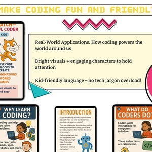 Pode incluir: Ilustra&ccedil;&atilde;o colorida que mostra como a codifica&ccedil;&atilde;o pode ser divertida e f&aacute;cil de aprender. A imagem apresenta um gato de desenho animado, um rob&ocirc; e uma pessoa usando um computador. O texto "Make Coding Fun and Friendly" est&aacute; no topo da imagem. O texto "Meet Scratch - Colorful Coder" est&aacute; em uma caixa azul. O texto "Why Learn Coding?" est&aacute; em uma caixa verde. O texto "Introduction" est&aacute; em uma caixa amarela. O texto "What Do Coders Do?" est&aacute; em uma caixa rosa.