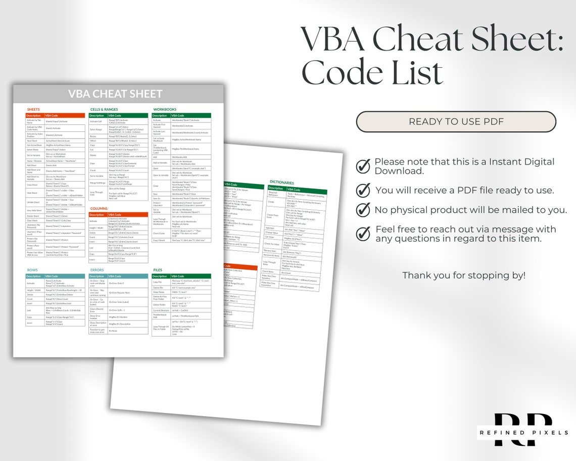 Excel vba cheat sheet visual basic for applications printable excel