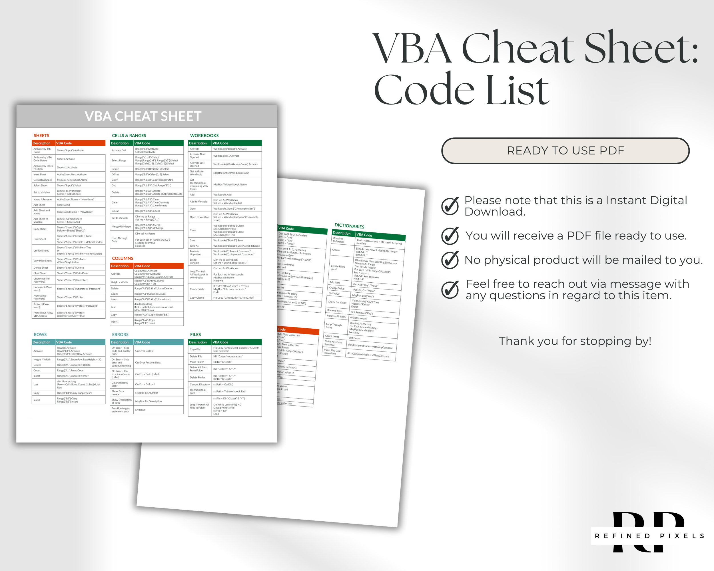 Excel vba cheat sheet visual basic for applications printable excel