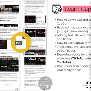 Op de afbeelding: Een roze en witte grafiek met de tekst "Learn CapCut" en een lijst met opsommingstekens die beschrijven hoe je de CapCut-videobewerkingstool kunt gebruiken. De opsommingstekens omvatten onderwerpen als het downloaden en instellen van de app, basisbewerkingstools, het toevoegen van tekst en effecten, het gebruik van sjablonen, overgangen, overlays, de basisprincipes van greenscreen, het exporteren van video's naar verschillende platforms en professionele tips voor sneller bewerken.