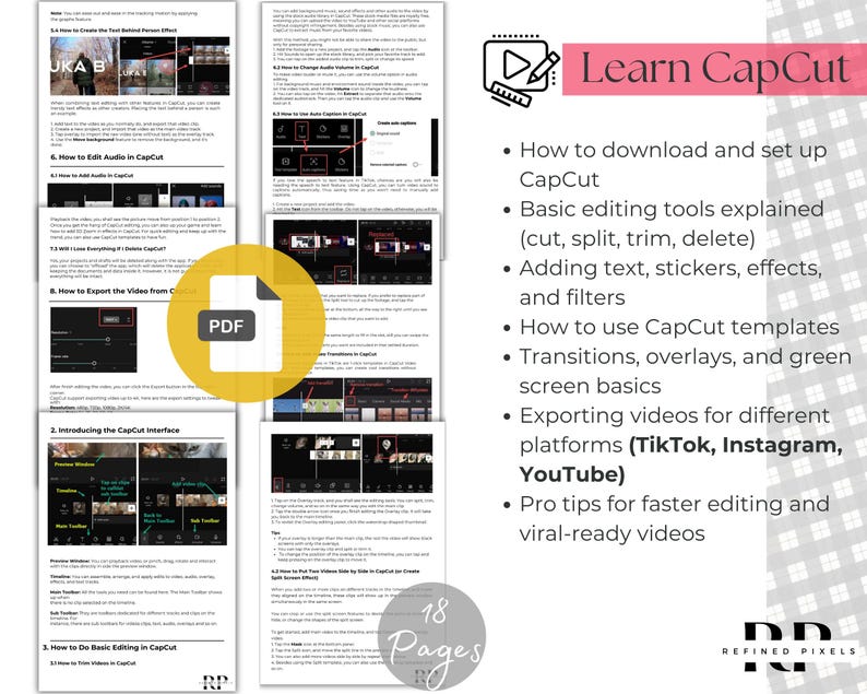 Op de afbeelding: Een roze en witte grafiek met de tekst "Learn CapCut" en een lijst met opsommingstekens die beschrijven hoe je de CapCut-videobewerkingstool kunt gebruiken. De opsommingstekens omvatten onderwerpen als het downloaden en instellen van de app, basisbewerkingstools, het toevoegen van tekst en effecten, het gebruik van sjablonen, overgangen, overlays, de basisprincipes van greenscreen, het exporteren van video's naar verschillende platforms en professionele tips voor sneller bewerken.