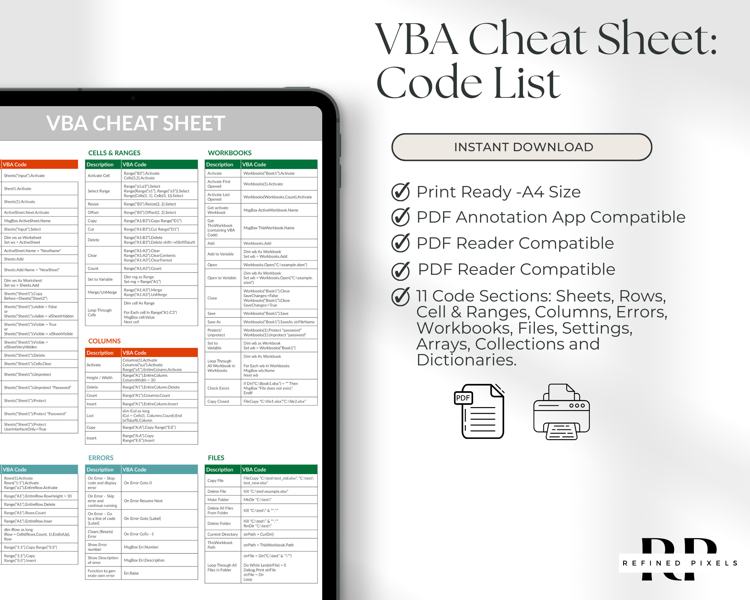 Excel VBA Cheat Sheet Visual Basic for Applications Printable Excel ...