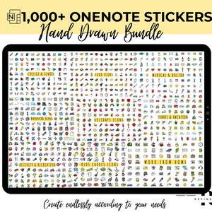 Peut inclure: L'écran d'une tablette numérique affiche une collection de plus de 1 000 autocollants dessinés à la main pour Microsoft OneNote. Les autocollants sont organisés en catégories telles que Collège et École, Icônes alimentaires, Médecine et Médecin, Icônes professionnelles, Icônes des fêtes, Voyages et Vacances, Activités et Loisirs, Tâches ménagères pour enfants et Travail à domicile. Le texte "1 000+ ONENOTE STICKERS Hand Drawn Bundle" est affiché en haut de l'écran.