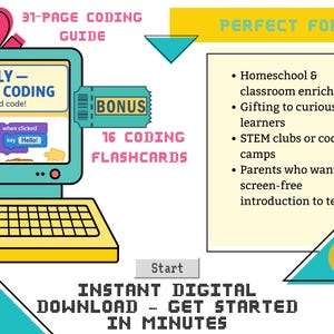 Pode incluir: Um ecr&atilde; de computador com um gr&aacute;fico colorido que mostra um jogo de quebra-cabe&ccedil;a de codifica&ccedil;&atilde;o chamado "Lockly - Puzzle Coding". O ecr&atilde; &eacute; acompanhado por um cart&atilde;o de b&oacute;nus amarelo e azul que diz "16 cart&otilde;es de codifica&ccedil;&atilde;o flash". O texto "Guia de codifica&ccedil;&atilde;o de 31 p&aacute;ginas" est&aacute; no topo do ecr&atilde;. O texto "Perfeito para" est&aacute; sobre um fundo amarelo e azul com uma lista de utiliza&ccedil;&otilde;es do produto. O texto "Download digital instant&acirc;neo - Comece em minutos" est&aacute; na parte inferior da imagem.