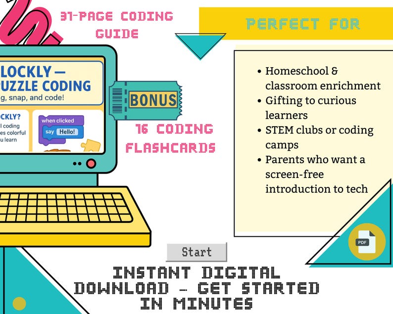 Pode incluir: Um ecr&atilde; de computador com um gr&aacute;fico colorido que mostra um jogo de quebra-cabe&ccedil;a de codifica&ccedil;&atilde;o chamado "Lockly - Puzzle Coding". O ecr&atilde; &eacute; acompanhado por um cart&atilde;o de b&oacute;nus amarelo e azul que diz "16 cart&otilde;es de codifica&ccedil;&atilde;o flash". O texto "Guia de codifica&ccedil;&atilde;o de 31 p&aacute;ginas" est&aacute; no topo do ecr&atilde;. O texto "Perfeito para" est&aacute; sobre um fundo amarelo e azul com uma lista de utiliza&ccedil;&otilde;es do produto. O texto "Download digital instant&acirc;neo - Comece em minutos" est&aacute; na parte inferior da imagem.