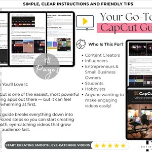 Op de afbeelding: Een roze en witte grafiek met de tekst "Your Go-To CapCut Guide" in een witte doos met een roze rand. De grafiek bevat ook een roze hart, een witte play-knop en een witte hand die een duim omhoog geeft. De tekst "Who Is This For?" staat in een witte doos met een roze rand. Onder de tekst staan opsommingstekens die het doelpubliek van de gids opsommen, waaronder contentmakers, influencers, ondernemers, eigenaren van kleine bedrijven, studenten, hobbyisten en iedereen die boeiende video's wil maken. De grafiek bevat ook een screenshot van de CapCut-app en de tekst "CapCut Video Editing The Complete Guide for Beginners".