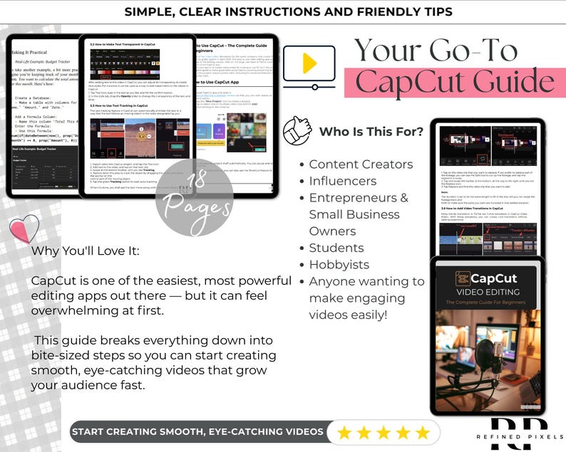 Op de afbeelding: Een roze en witte grafiek met de tekst "Your Go-To CapCut Guide" in een witte doos met een roze rand. De grafiek bevat ook een roze hart, een witte play-knop en een witte hand die een duim omhoog geeft. De tekst "Who Is This For?" staat in een witte doos met een roze rand. Onder de tekst staan opsommingstekens die het doelpubliek van de gids opsommen, waaronder contentmakers, influencers, ondernemers, eigenaren van kleine bedrijven, studenten, hobbyisten en iedereen die boeiende video's wil maken. De grafiek bevat ook een screenshot van de CapCut-app en de tekst "CapCut Video Editing The Complete Guide for Beginners".