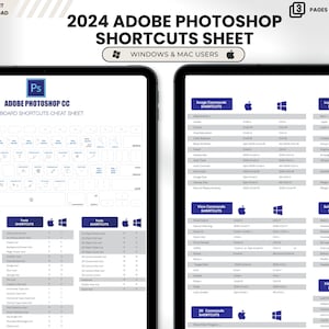 May include: A digital cheat sheet with keyboard shortcuts for Adobe Photoshop CC. The sheet is divided into sections for tools, image commands, layer commands, view commands, select commands, filter commands, and 3D commands. The shortcuts are listed for both Windows and Mac users.