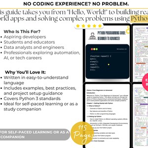 Puede incluir: Una gu&iacute;a para aprender programaci&oacute;n Python, con una portada colorida que presenta un emoji de pulgar hacia arriba, un libro y una estrella. La gu&iacute;a se titula "Python Programming Guide: Beginner to Advanced" e incluye 115 p&aacute;ginas de contenido. La gu&iacute;a es ideal para aspirantes a desarrolladores, estudiantes, analistas de datos y profesionales que exploran la automatizaci&oacute;n, la IA o las carreras tecnol&oacute;gicas.