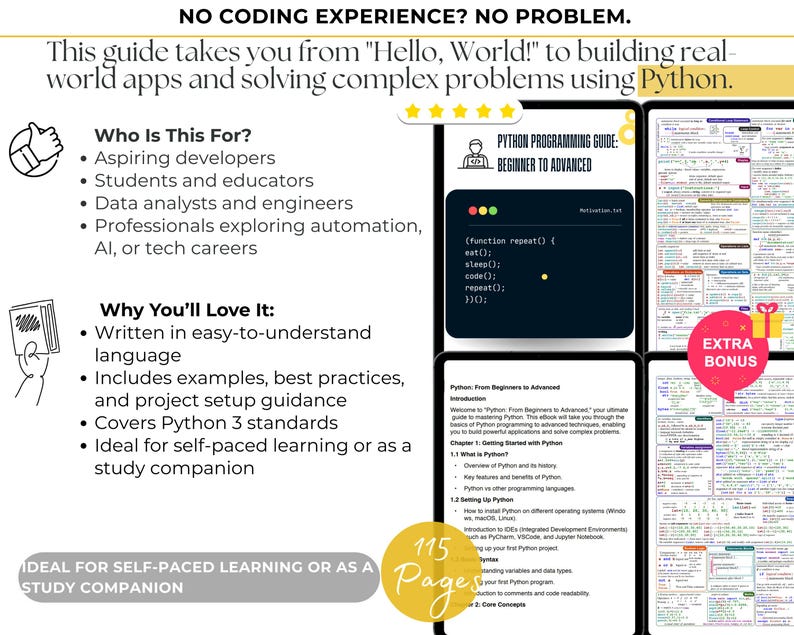 Puede incluir: Una gu&iacute;a para aprender programaci&oacute;n Python, con una portada colorida que presenta un emoji de pulgar hacia arriba, un libro y una estrella. La gu&iacute;a se titula "Python Programming Guide: Beginner to Advanced" e incluye 115 p&aacute;ginas de contenido. La gu&iacute;a es ideal para aspirantes a desarrolladores, estudiantes, analistas de datos y profesionales que exploran la automatizaci&oacute;n, la IA o las carreras tecnol&oacute;gicas.