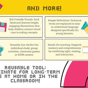 Pode incluir: Um infogr&aacute;fico colorido com o texto "AND MORE!" no topo. O infogr&aacute;fico destaca os recursos de uma ferramenta reutiliz&aacute;vel, incluindo visuais amig&aacute;veis para crian&ccedil;as, defini&ccedil;&otilde;es simples, uso vers&aacute;til e aprendizado pr&aacute;tico. O texto "REUSABLE TOOL: LAMINATE FOR LONG-TERM USE AT HOME OR IN THE CLASSROOM!" est&aacute; na parte inferior.