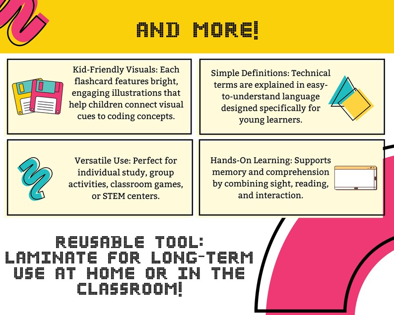Pode incluir: Um infogr&aacute;fico colorido com o texto "AND MORE!" no topo. O infogr&aacute;fico destaca os recursos de uma ferramenta reutiliz&aacute;vel, incluindo visuais amig&aacute;veis para crian&ccedil;as, defini&ccedil;&otilde;es simples, uso vers&aacute;til e aprendizado pr&aacute;tico. O texto "REUSABLE TOOL: LAMINATE FOR LONG-TERM USE AT HOME OR IN THE CLASSROOM!" est&aacute; na parte inferior.