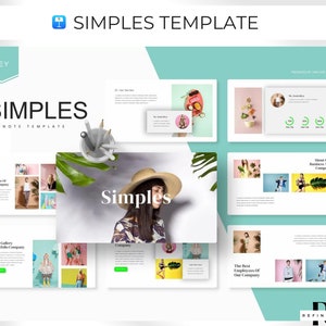 May include: A Keynote presentation template called "Simples" with a green and white colour scheme. The template features images of people, plants, and geometric shapes. The text "Simples" is displayed in a large font on the cover slide.
