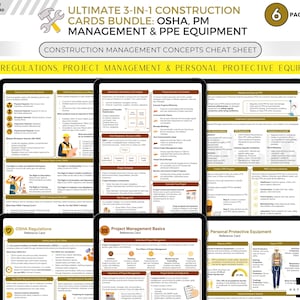 Ultieme 3-in-1 constructiekaartenbundel Civiel-ingenieur OSHA-voorschriften, projectbeheer en veiligheidsinformatieblad PBM-uitrusting Afdrukbaar