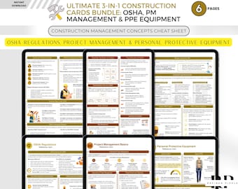 Ultimate 3-in-1 Construction Cards Bundle Civil Engineer OSHA Regulations, Project Management & PPE Equipment Safety Cheat Sheet Printable
