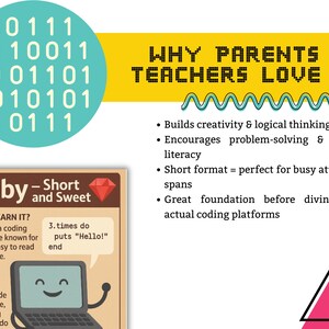 Pode incluir: Um cartaz colorido com o texto "WHY PARENTS TEACHERS LOVE IT" e um gr&aacute;fico de um computador com um rosto sorridente. O cartaz explica os benef&iacute;cios de aprender Ruby, uma linguagem de programa&ccedil;&atilde;o, para crian&ccedil;as. O texto inclui frases como "Desenvolve a criatividade e o pensamento l&oacute;gico" e "Formato curto = perfeito para per&iacute;odos de aten&ccedil;&atilde;o curtos".