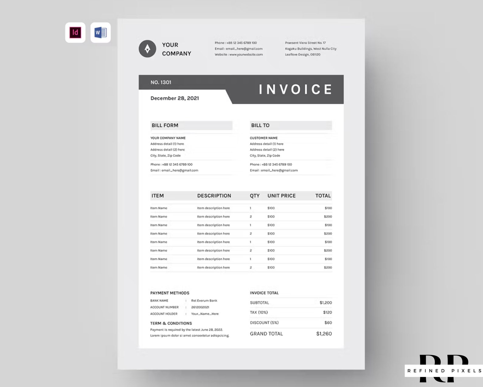Indesign Template Invoice Template Editable Invoice Template Form