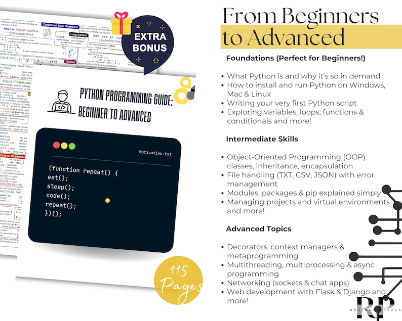 Puede incluir: Una gu&iacute;a de programaci&oacute;n Python, desde principiante hasta avanzado, con 115 p&aacute;ginas. La gu&iacute;a cubre temas como la instalaci&oacute;n de Python, la escritura de scripts, la programaci&oacute;n orientada a objetos, el manejo de archivos, los m&oacute;dulos, los paquetes, los entornos virtuales, los decoradores, los administradores de contexto, la multihilo, la multiprocesamiento, las redes y el desarrollo web con Flask y Django.