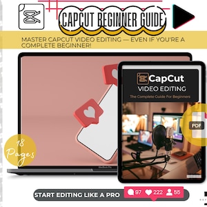 May include: A digital product cover with a pink and white laptop, a pink heart icon, and a white phone with a pink heart icon. The cover features the text "CapCut Video Editing: The Complete Guide for Beginners" and a PDF icon. The cover also includes the text "Start Editing Like a Pro" and the text "18 Pages".