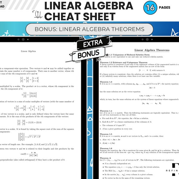 Linear Algebra Algebra Cheat Sheet Linear Algebra Formulas Worksheet Reference Guide Learning Mathematics Algebra Review Guide for Students